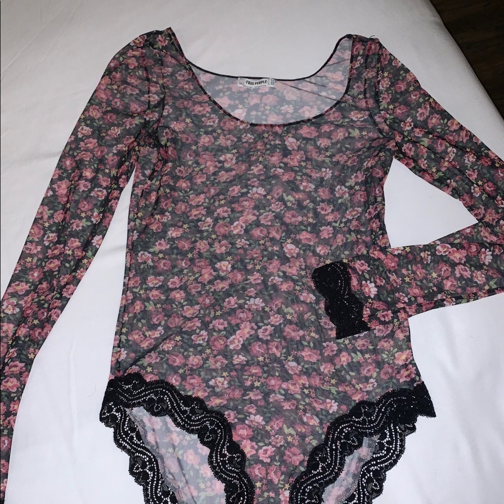 Free People - Sheer Floral Bodysuit w/ Lace Trim